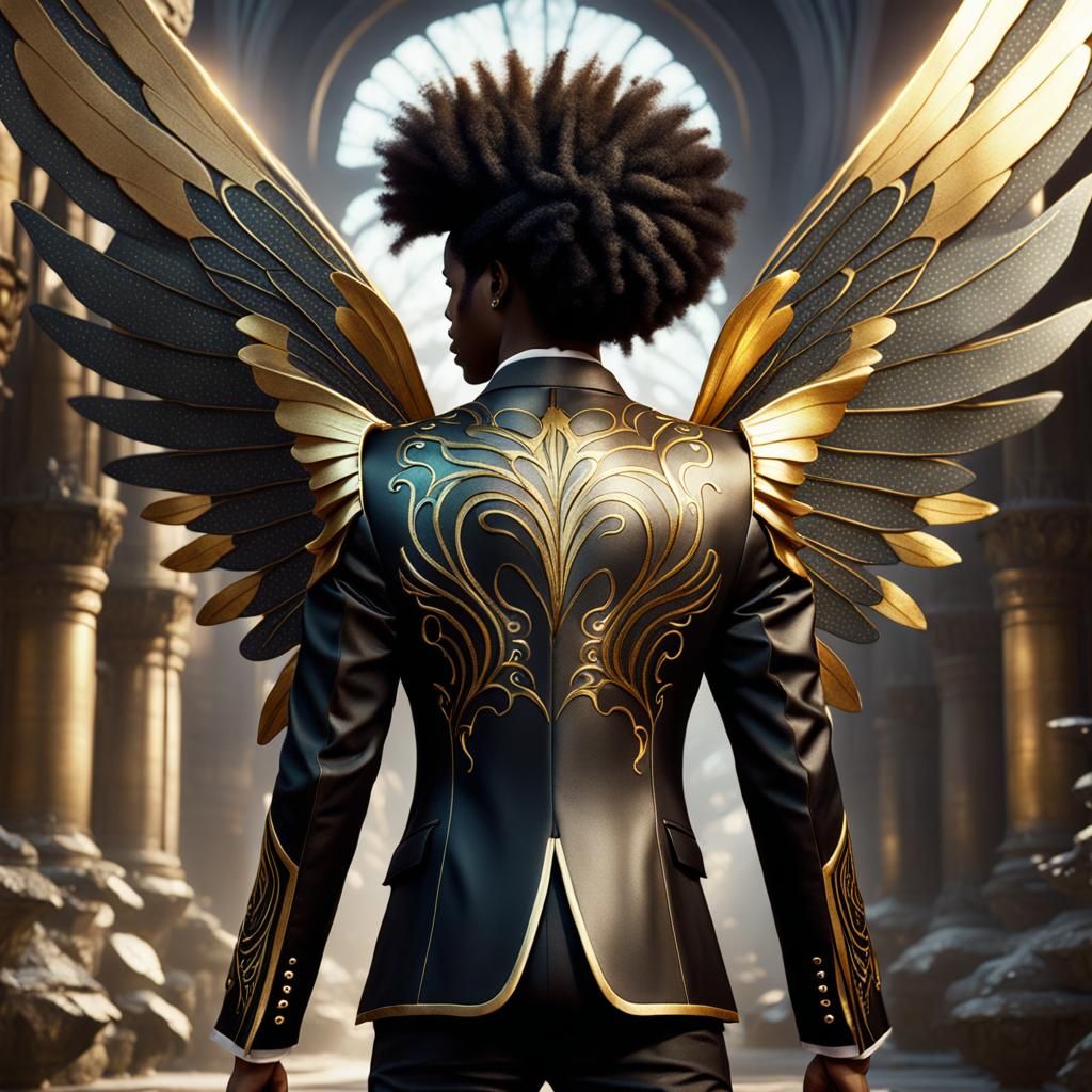 Black Teen with Afro in Black and Gold Suit