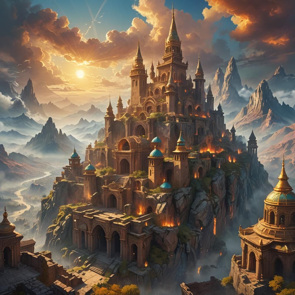 Mystic City Ruins in Misty Mountains: Fantasy Oil Painting