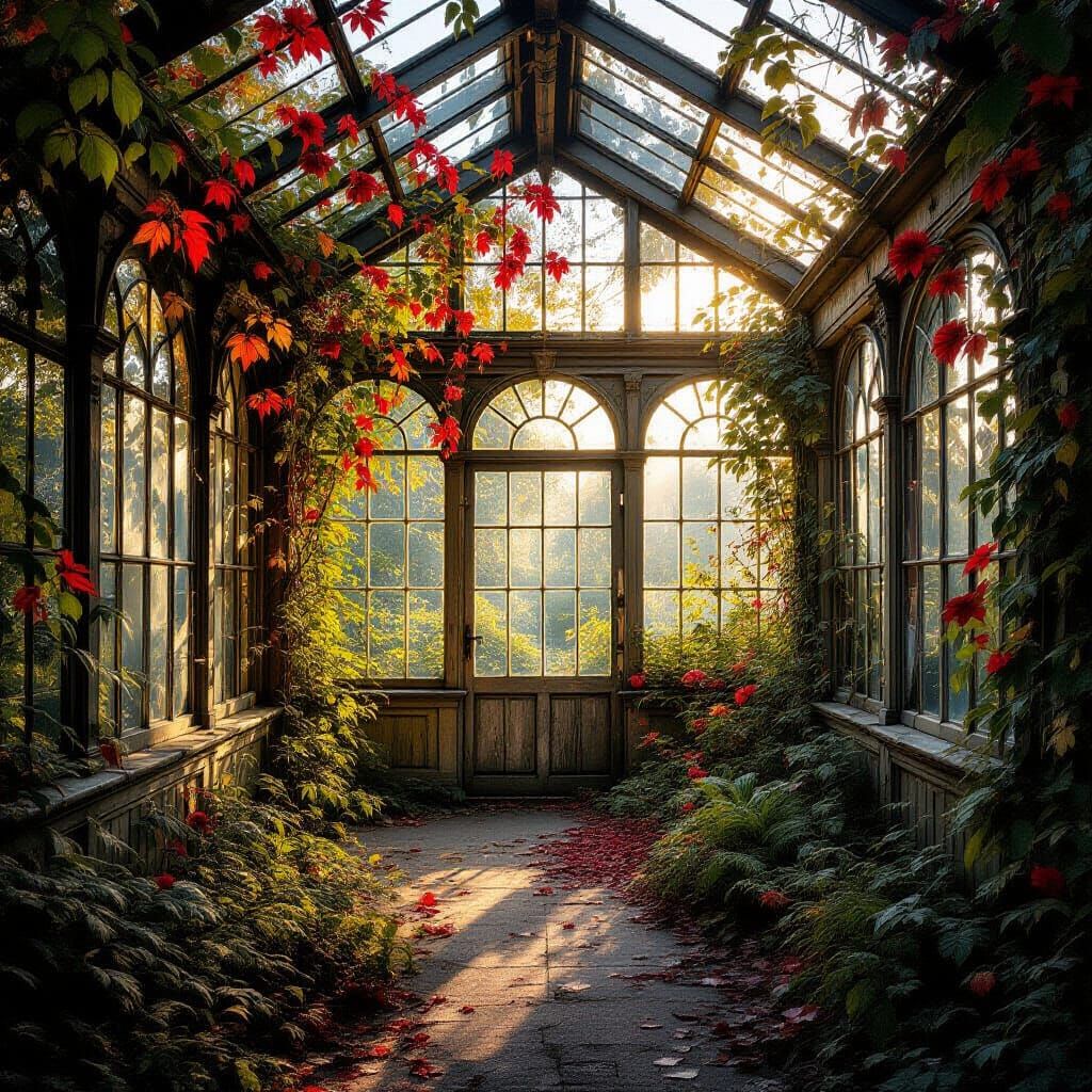 Abandoned Victorian Greenhouse in Golden Hour Light
