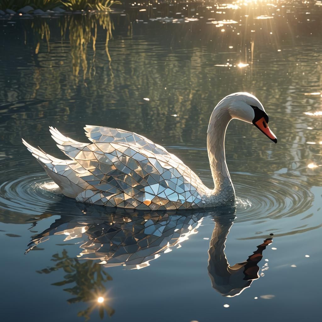 Geometric Crystal Swan Gliding on Lake