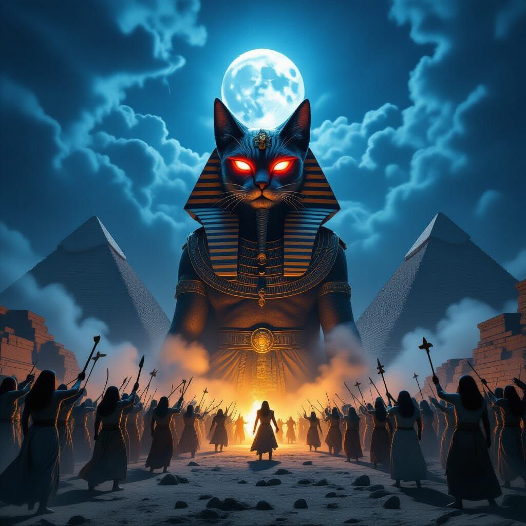 Giant Cat Divinity Battles Egyptians Amidst Stormy Night