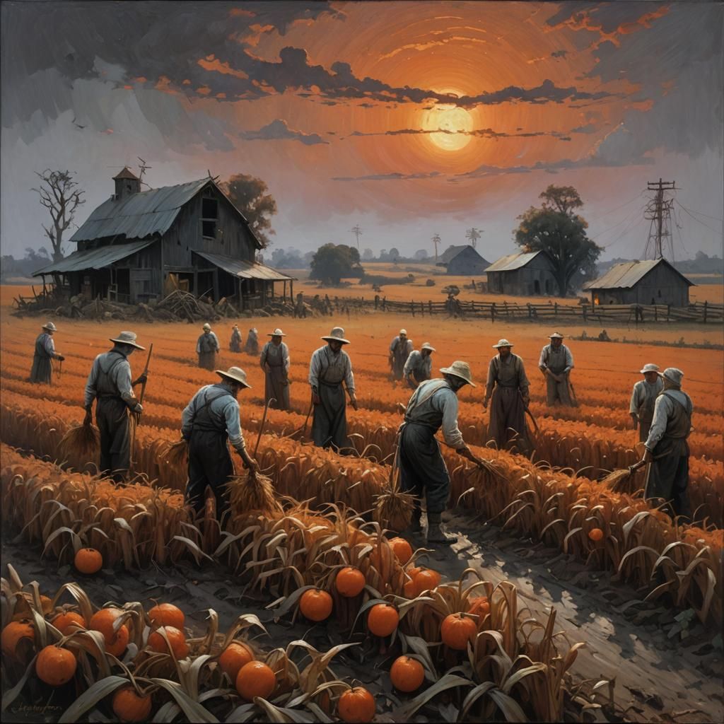 Spectral Harvest: Ghostly Farmers in Dark Orange Fields
