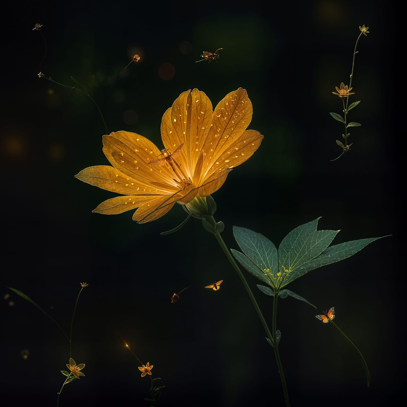 Glowing Amber Flower Blooms in Mystical Darkness