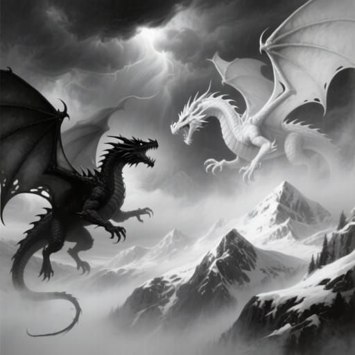 Black and White Dragon Battle Over Snowy Mountains