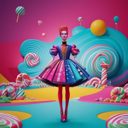 David Bowie Inspired Woman in Whimsical Candyland