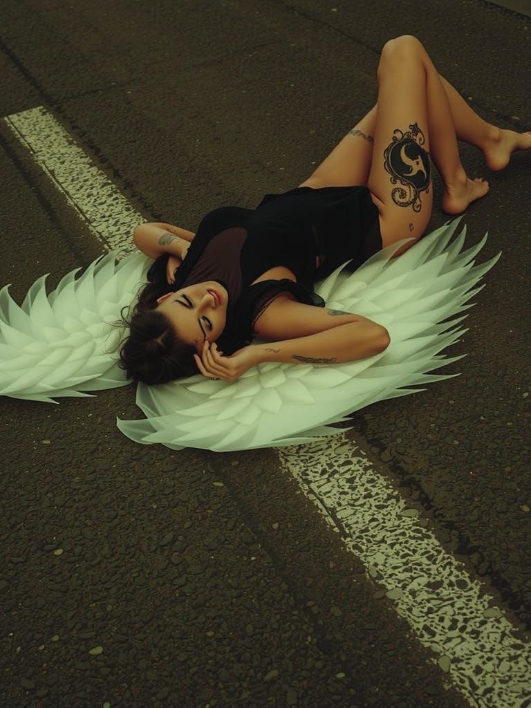 Ethereal Fallen Angel on Dark Asphalt Road