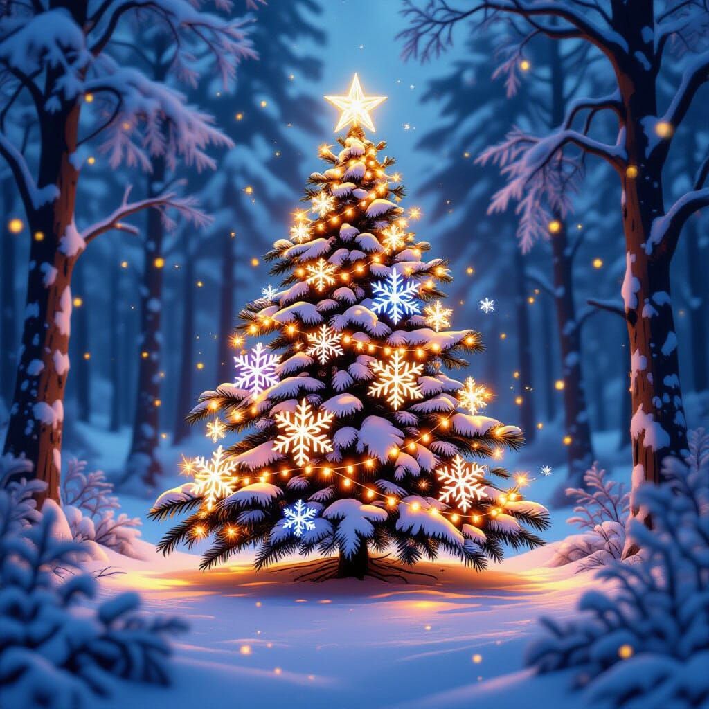 Whimsical Christmas Tree in Magical Forest Clearing