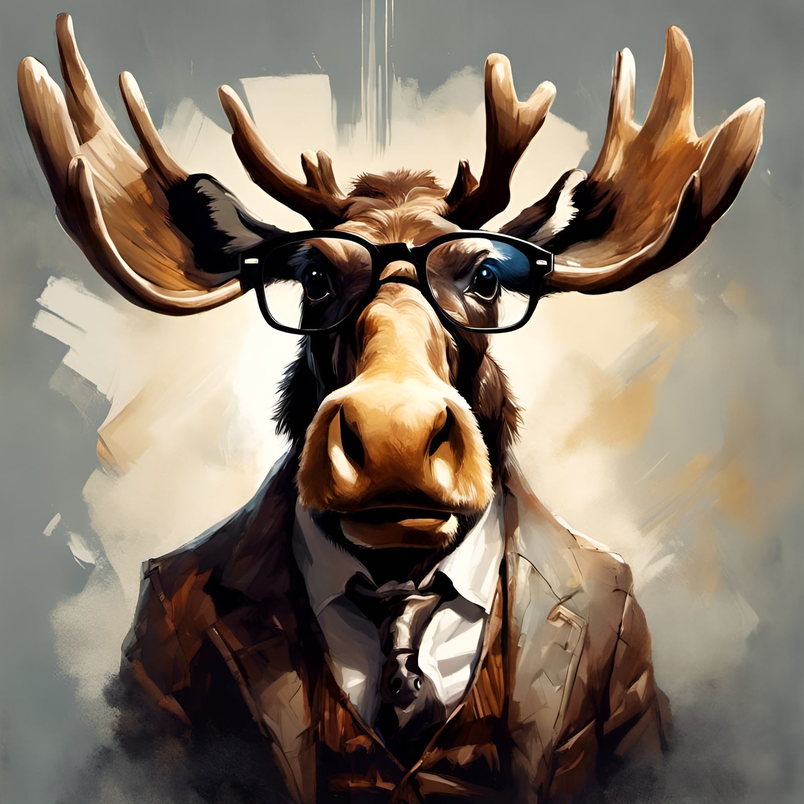 Anthropomorphic Moose Portrait with Mustache and Glasses