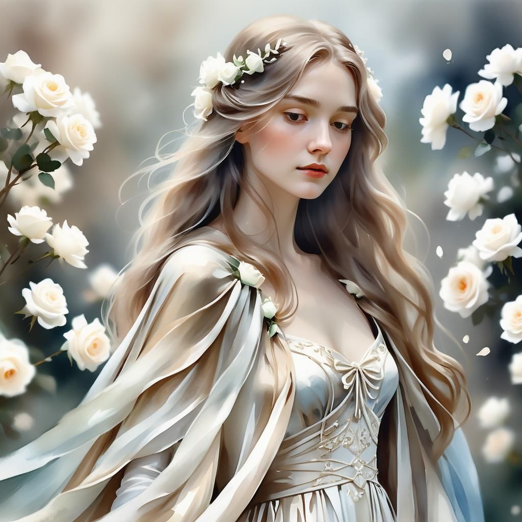 Ethereal Woman Creates Roses in Pre-Raphaelite Watercolor