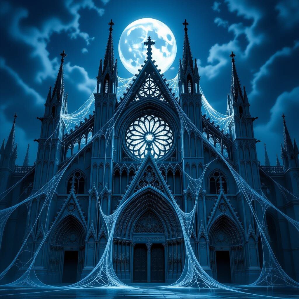 Ethereal Spiderweb Cathedral Facade in Moonlight