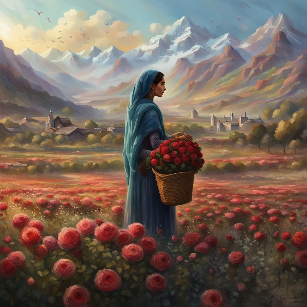 Afghan Woman Picking Roses: Impressionism Digital Art