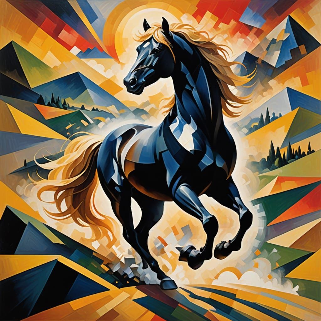 Abstract Cubist Black Horse with Golden Hair