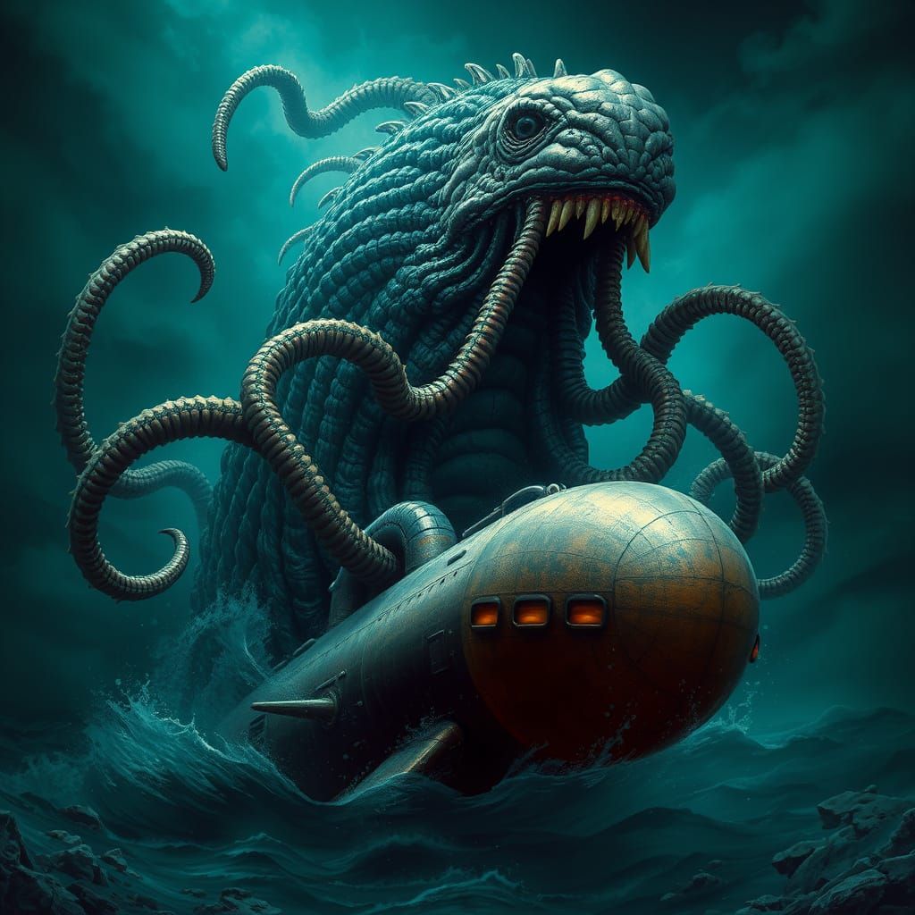 Colossal Sea Monster Engulfing Submarine in Dark, Alien Dept...