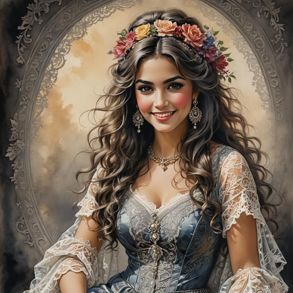 Beautiful Gypsy Woman with Perfect Smile: Mixed Media Illust...