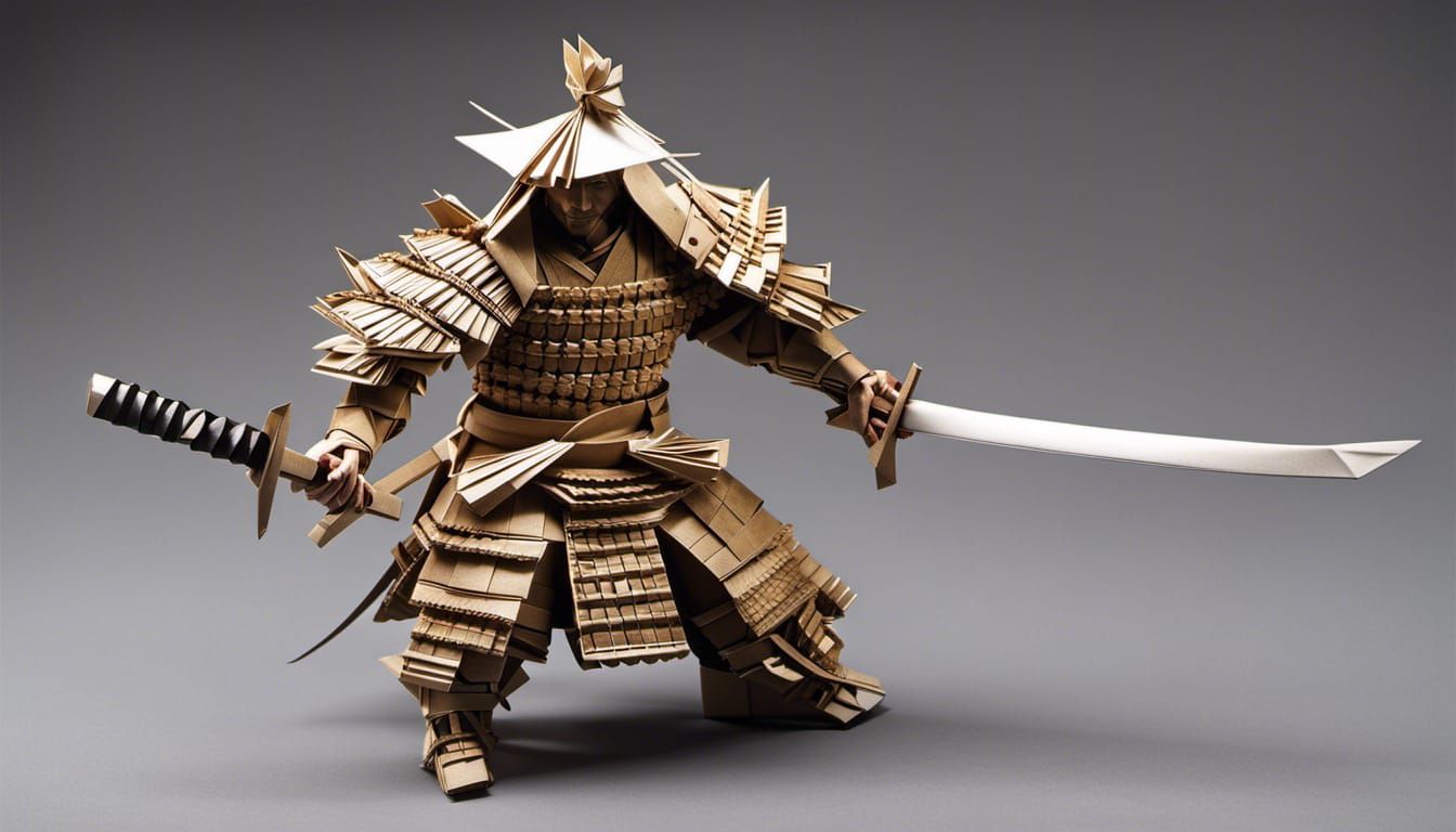 Crumpled Paper Origami Samurai, Digital Art