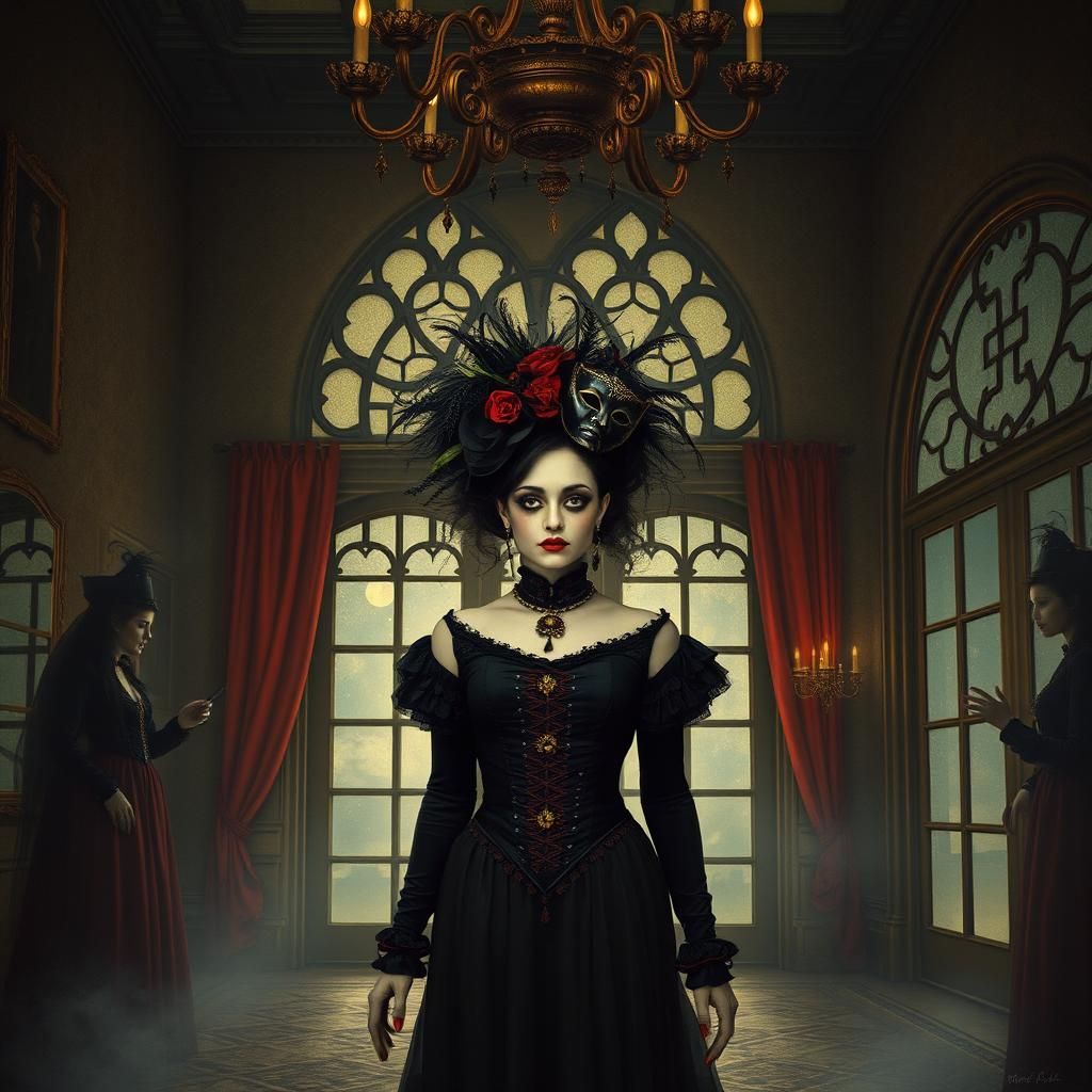 Gothic Woman Leaves Masquerade Ball in Surreal Style