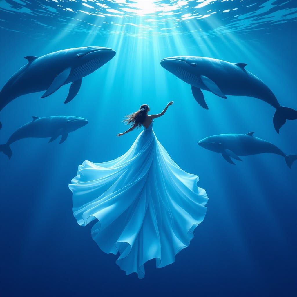 Ethereal Ocean Queen Commands Whales in Mystical Depths