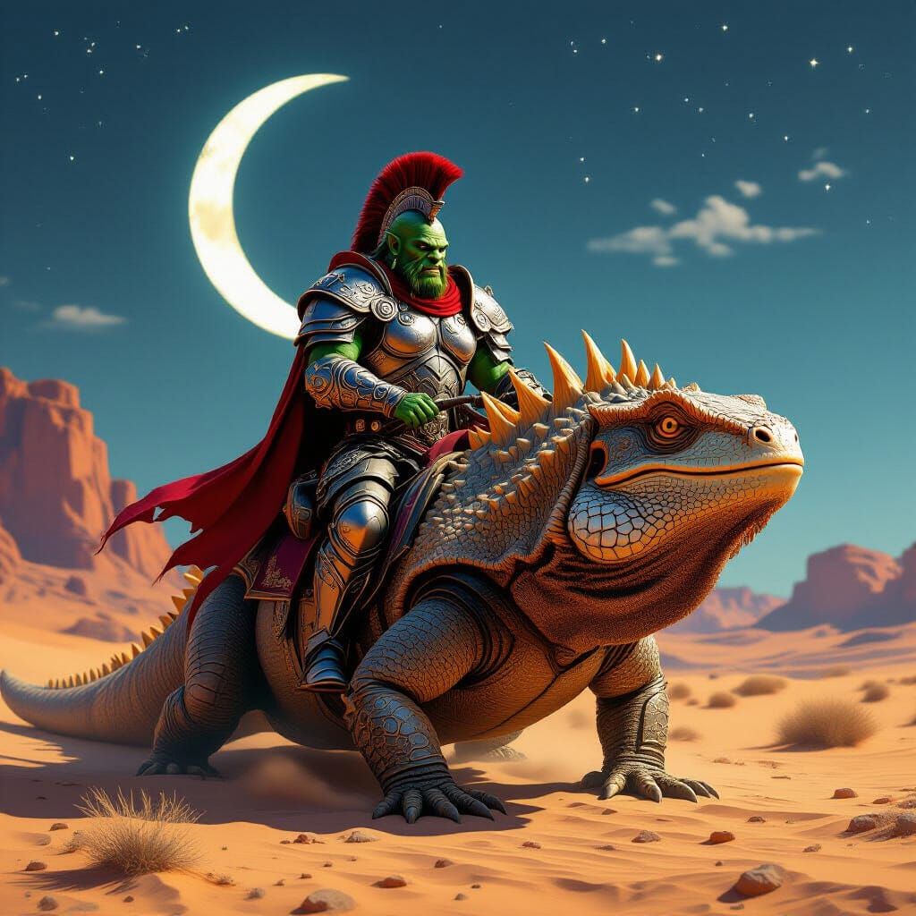 Orc Warrior on Frilled Lizard in Desert Night