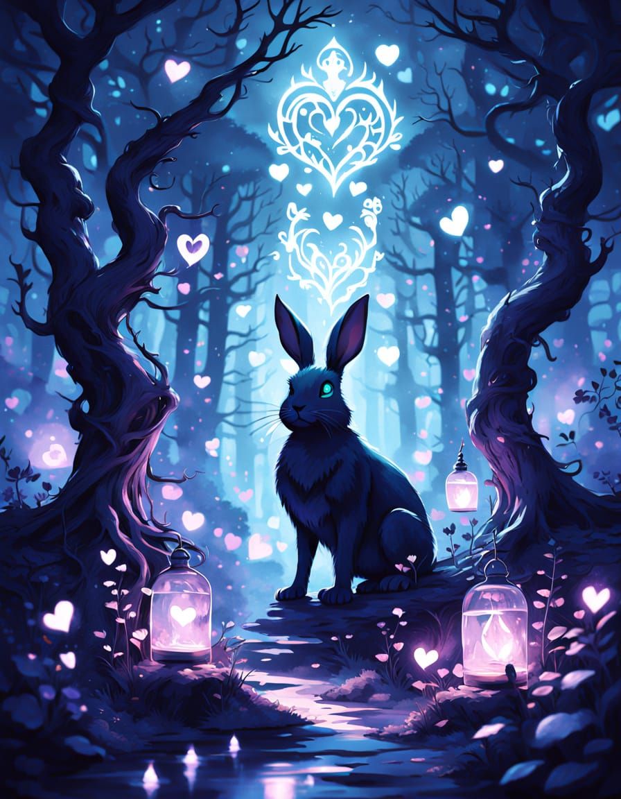 Whimsical Dark Fantasy Bunny in Enchanted Forest