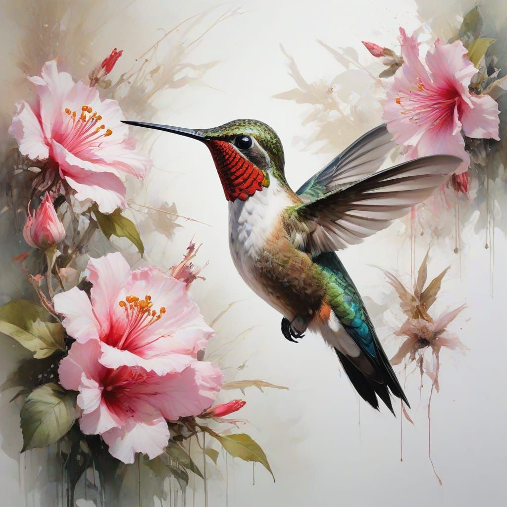 Whimsical Hummingbird in Vibrant Spring Garden, as Intricate...