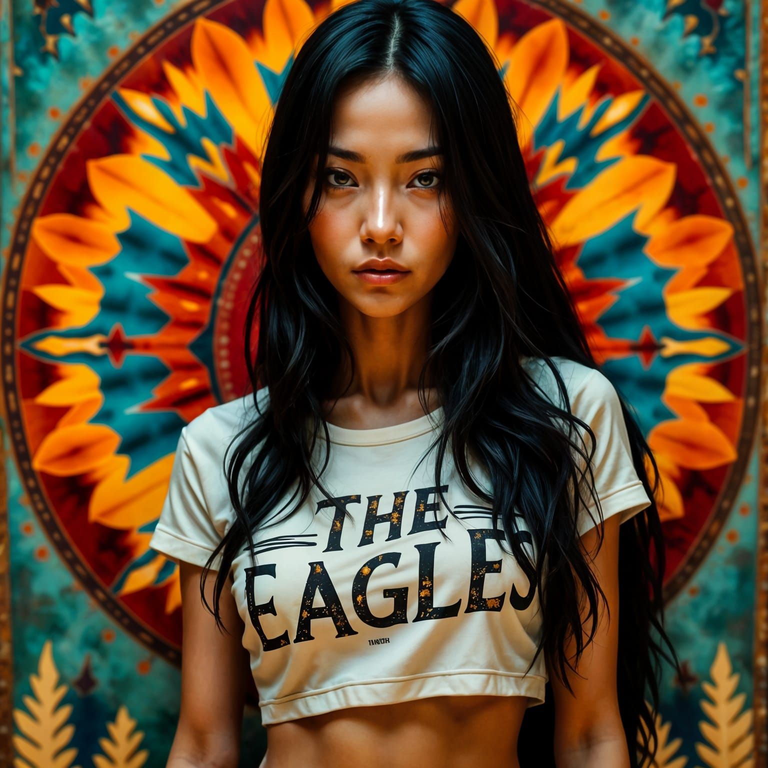 Hyperrealistic Native American Woman in Vibrant Concert Tee