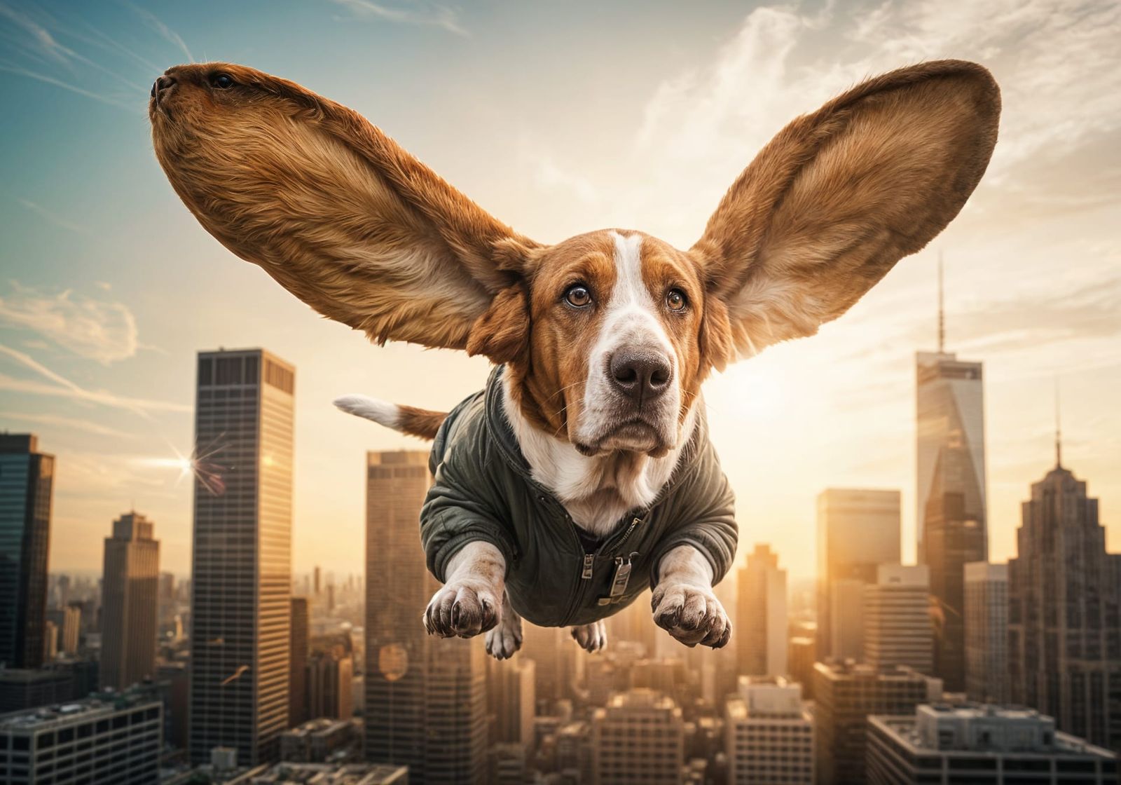 Basset Hound Soars Above Cityscape Flapping Giant Ears