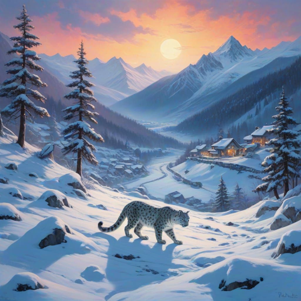 Surreal Winter Mountain Village Oil Painting