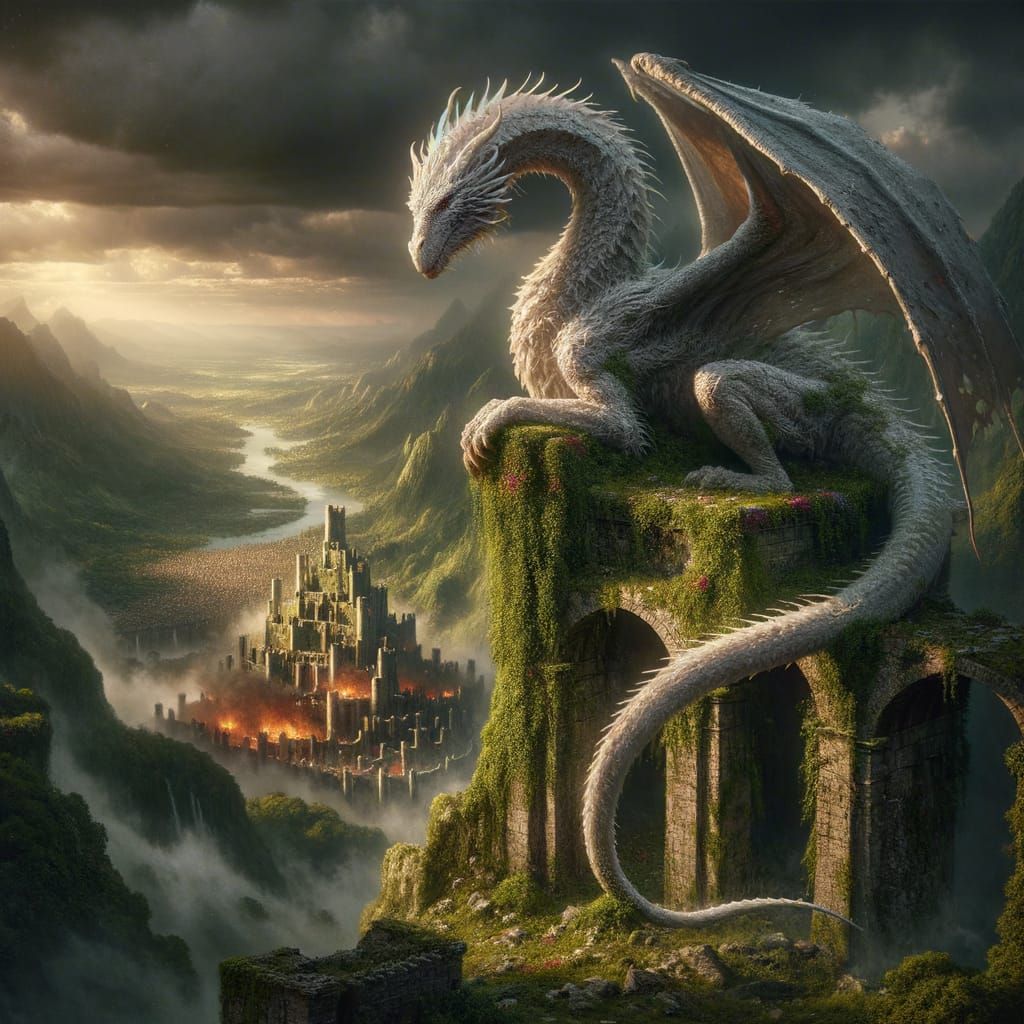 Ancient White Dragon on Crumbling Citadel