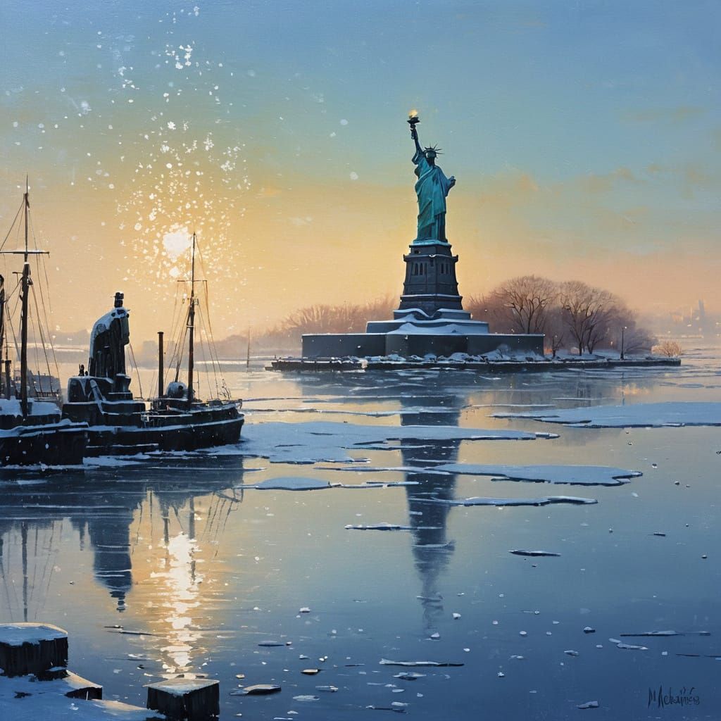 Statue of Liberty in Winter Oil Painting
