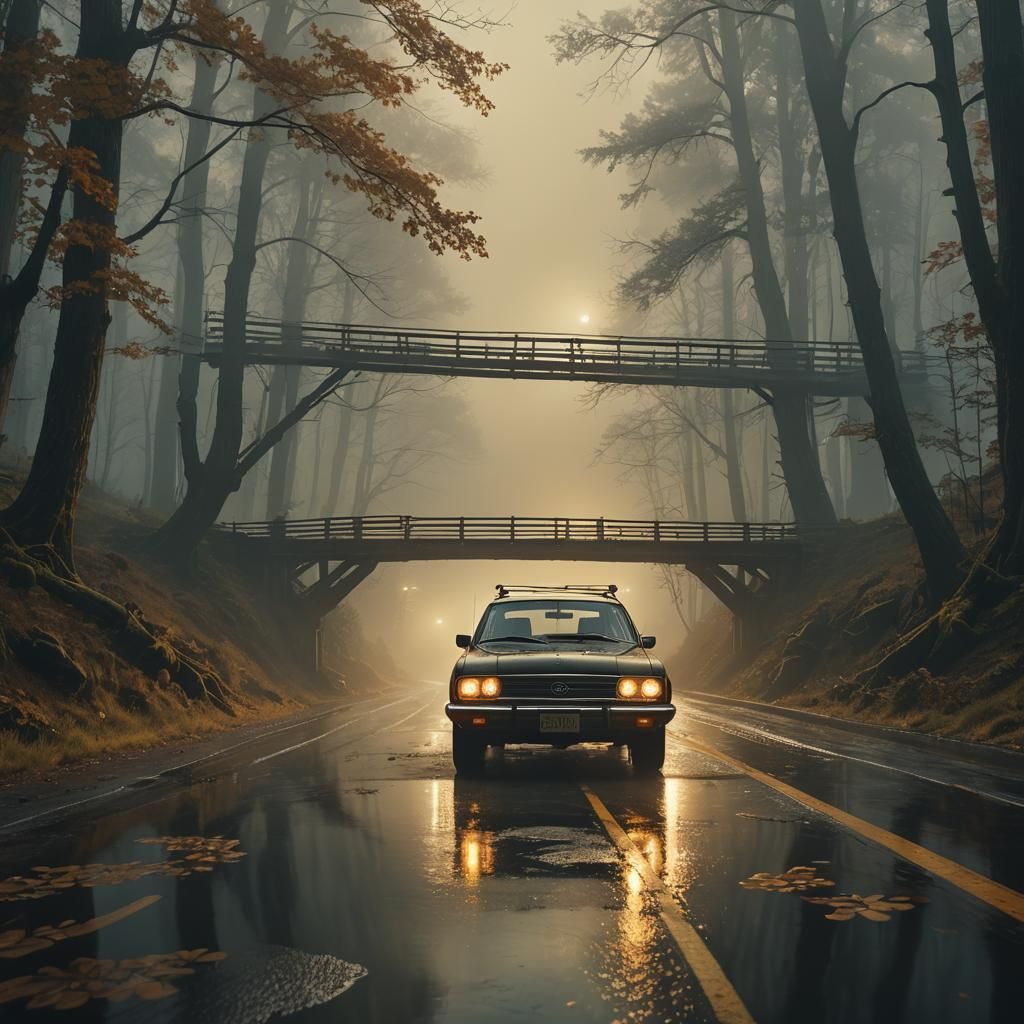 Car on Mystical Bridge: Matte Painting Concept Art
