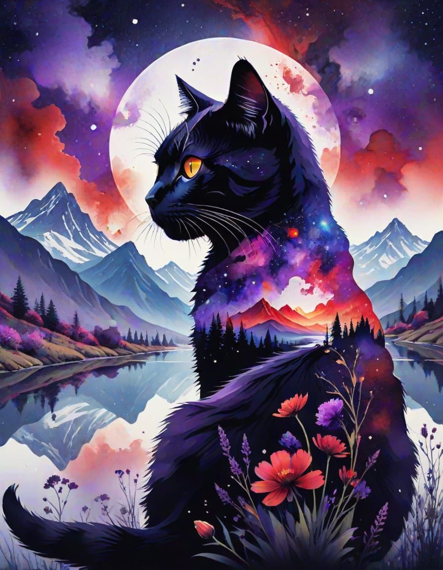 Cosmic Cat Silhouette Double Exposure Landscape