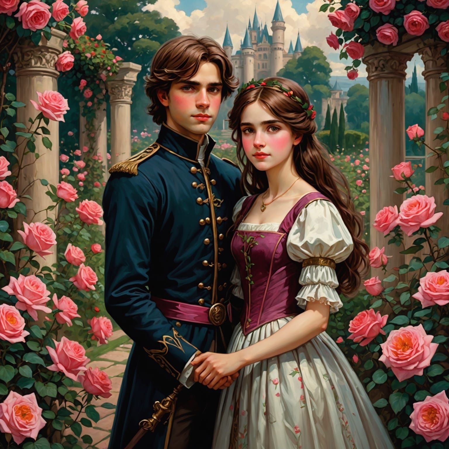 Princess and Prince in Rose Garden, Waterhouse Style