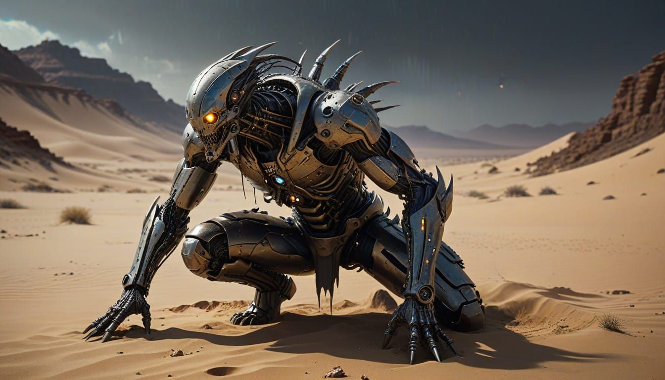 Cyberpunk Monster's Shimmering Descent into Despair