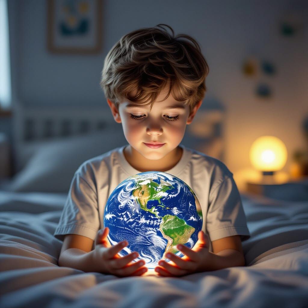 Boy Holds the Earth: A Photorealistic Portrait