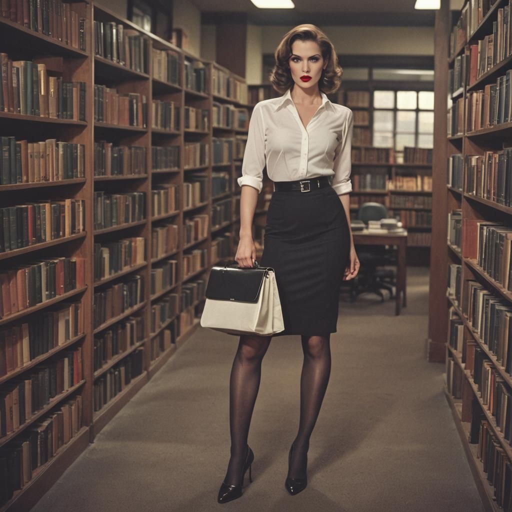 Classic Film Noir Femme Fatale in Library