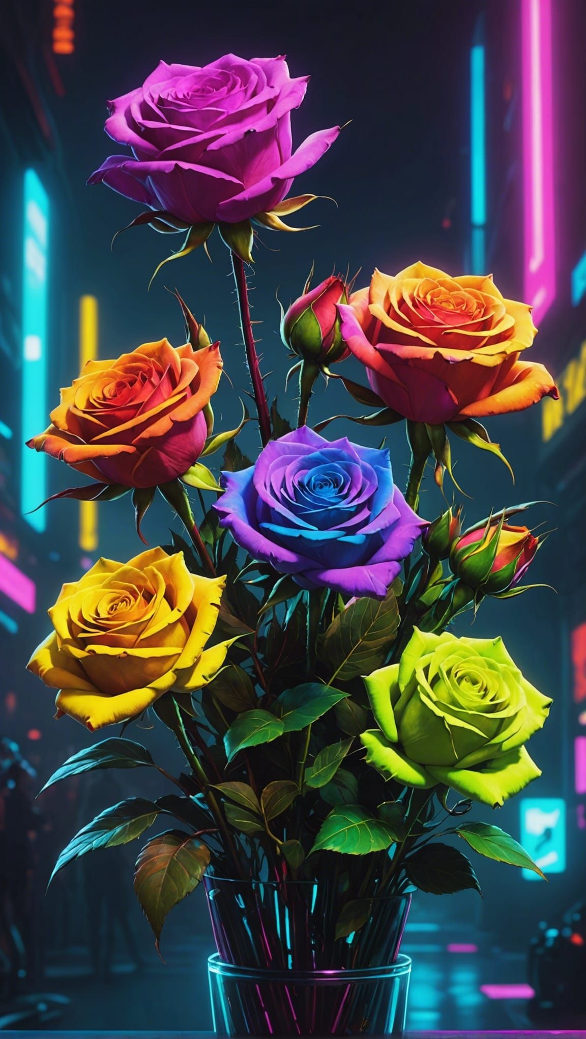 Rainbow Roses Family in Cyberpunk Neon Cityscape