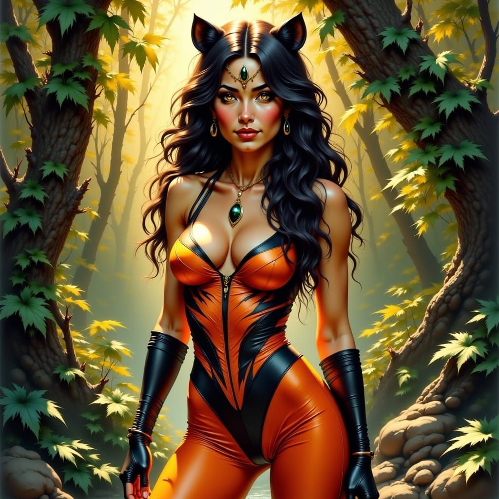 Tiger Woman Portrait in Art Nouveau Style