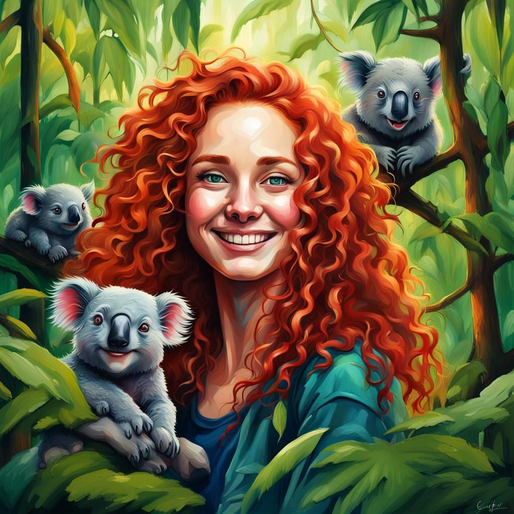 Woman with Wombats and Koalas in Lush Rainforest