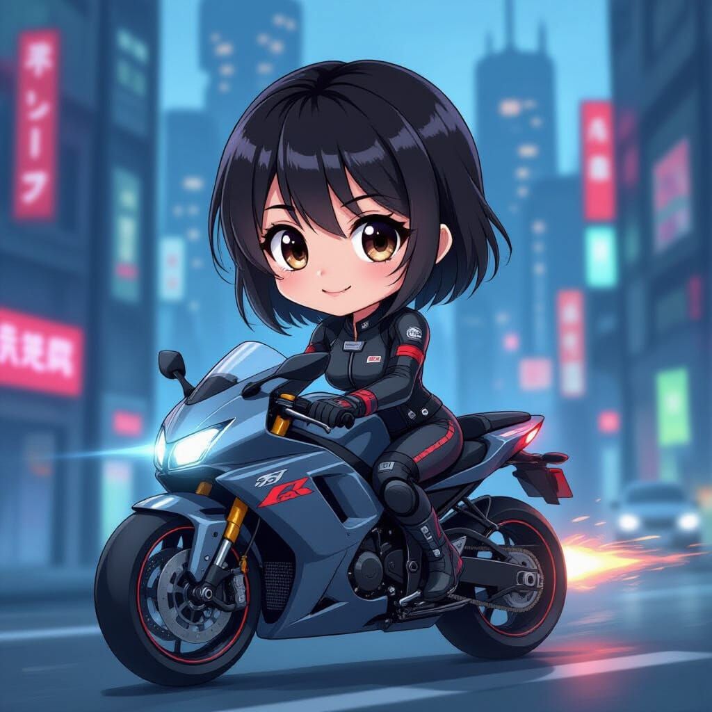 Cute Chibi Woman Riding Motorcycle in Cyberpunk City Anime S...