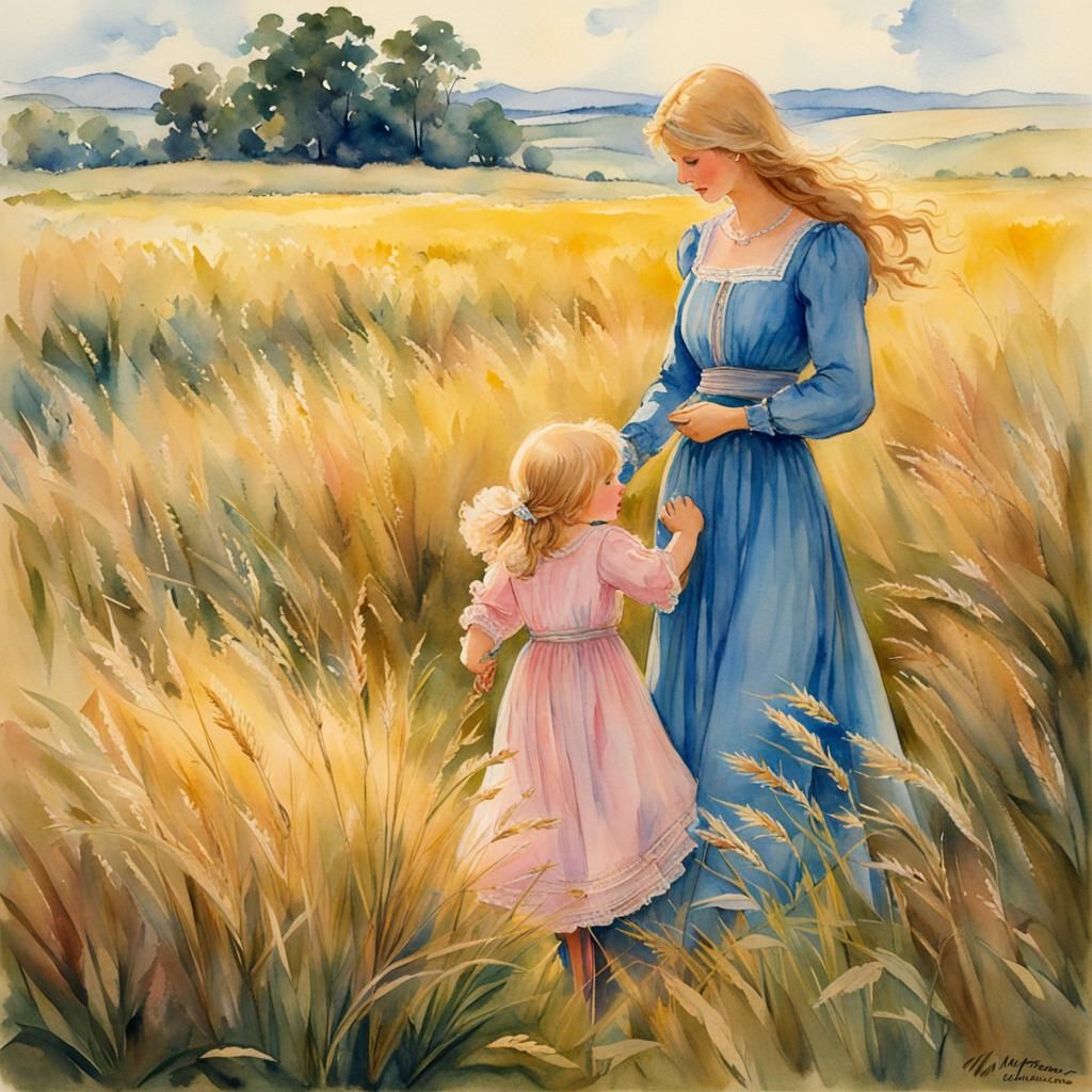 Watercolor Mother and Daughter in Field