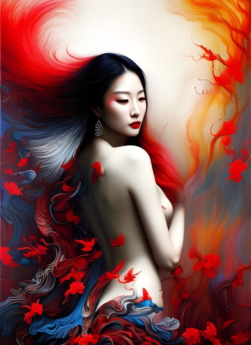 Chinese Woman Portrait in Splash-Color Opium Dream