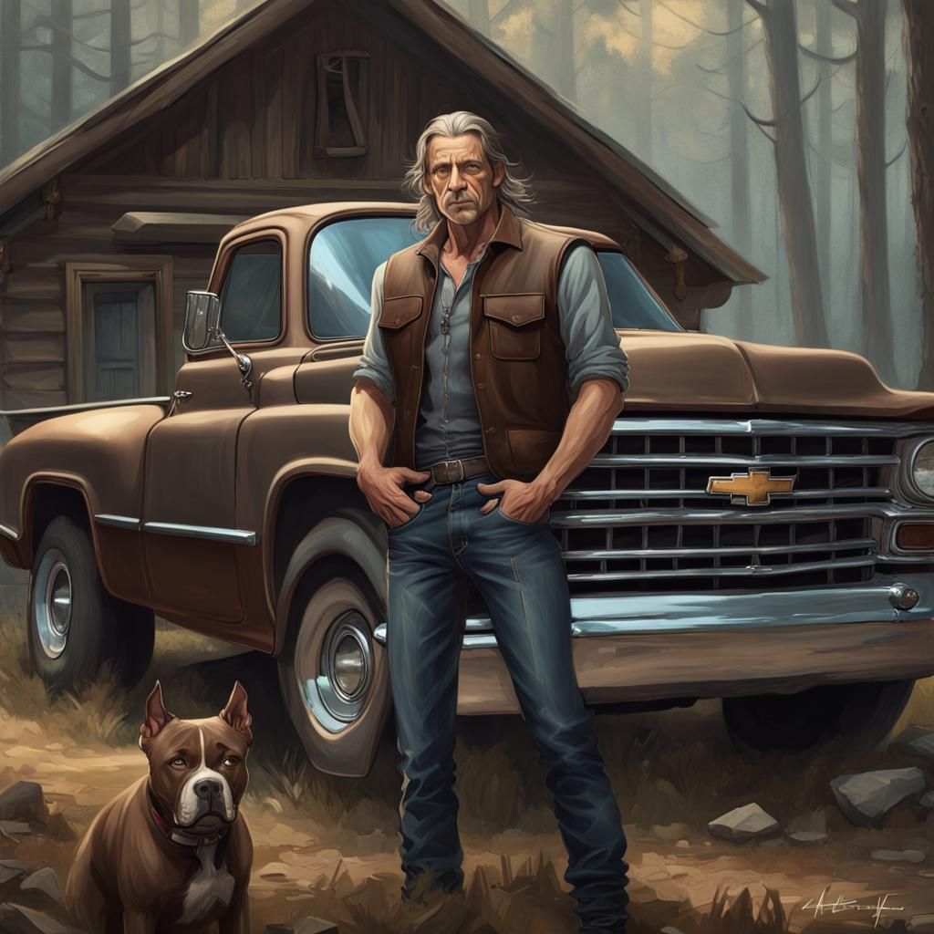 Man and Dog by Cabin, Detailed Digital Portrait