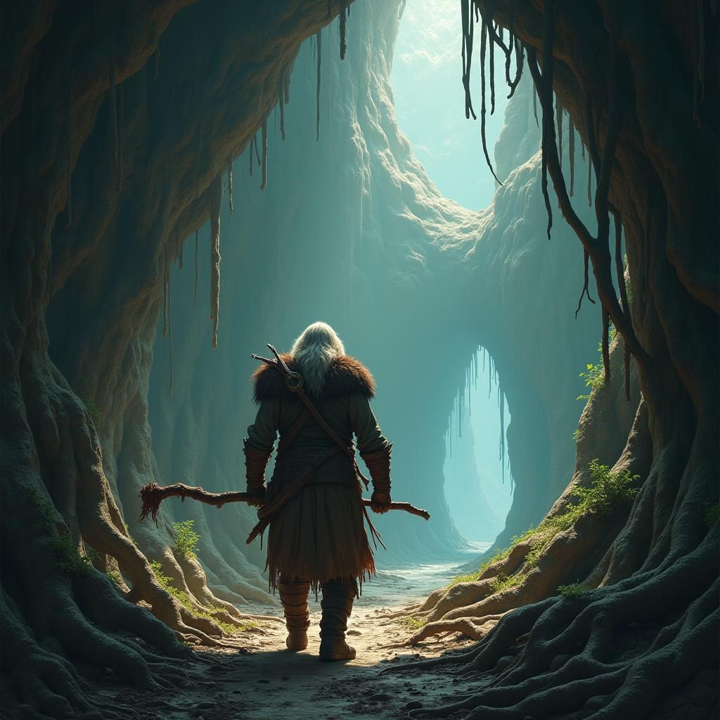Ranger Explores Crystalline Cavern in Fantasy Art Style