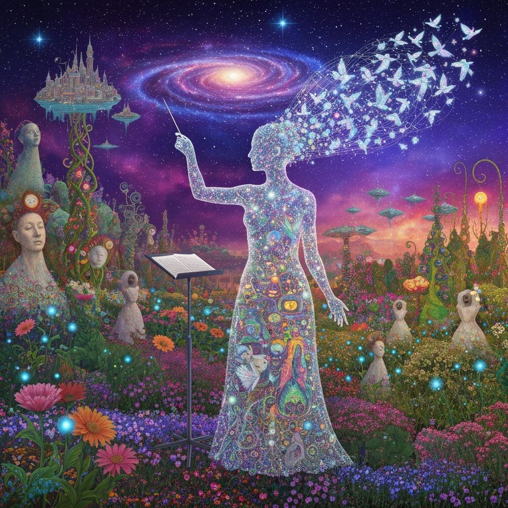 Ethereal Conductor Transforms into Musical Notes and Birds