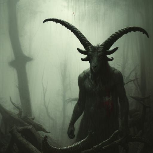 Eerie Goat-Man Monster in Dark Forest