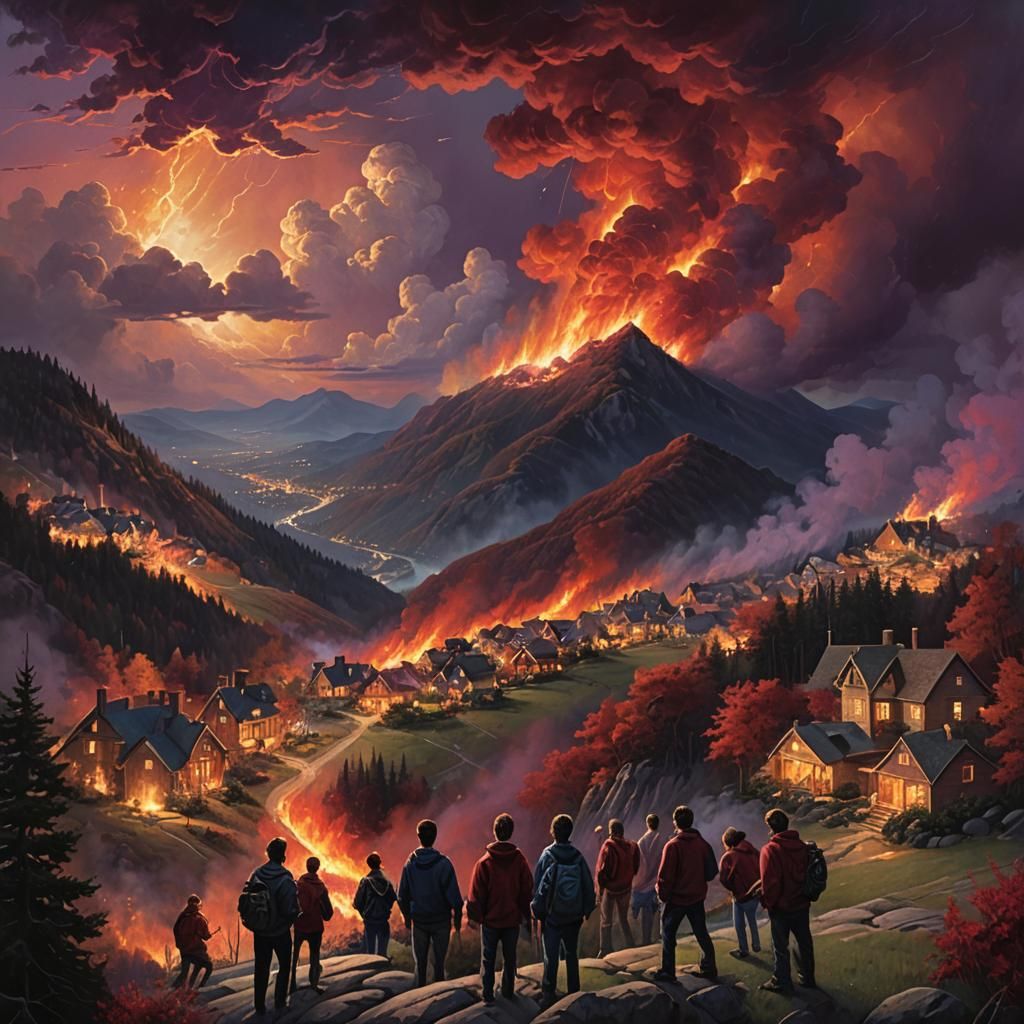 Teens Watch Fiery Town: Digital Fantasy Painting