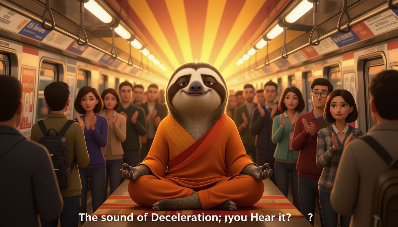 Meditating Sloth in Crowded Subway Station, Pixar Style