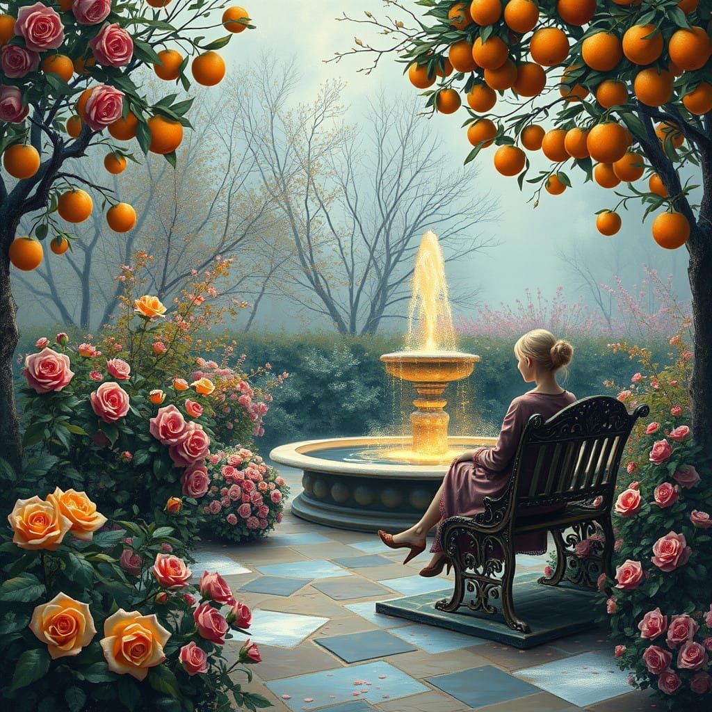 Winter Garden Oasis with Rose Blooms and Illuminated Fountai...