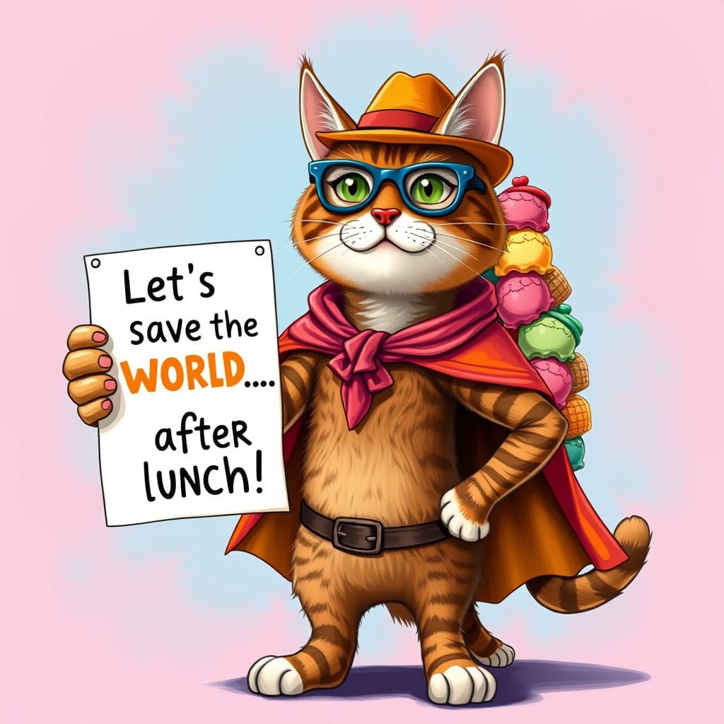 Superhero Cat with Ice Cream, Whimsical Art