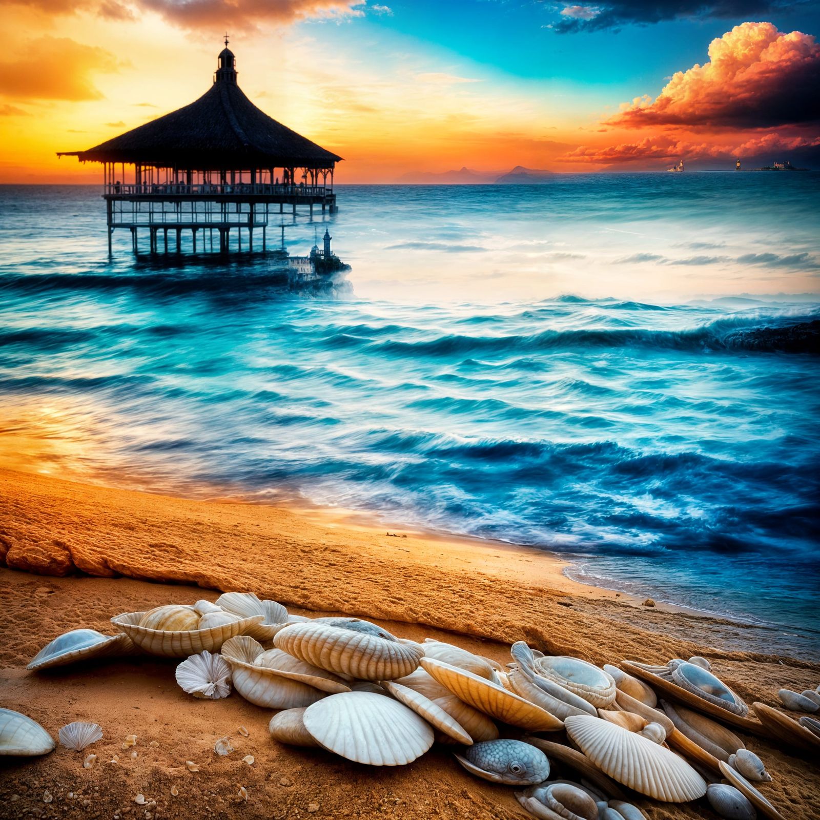 Seashell Sandcastle at Sunset on Azure Sea